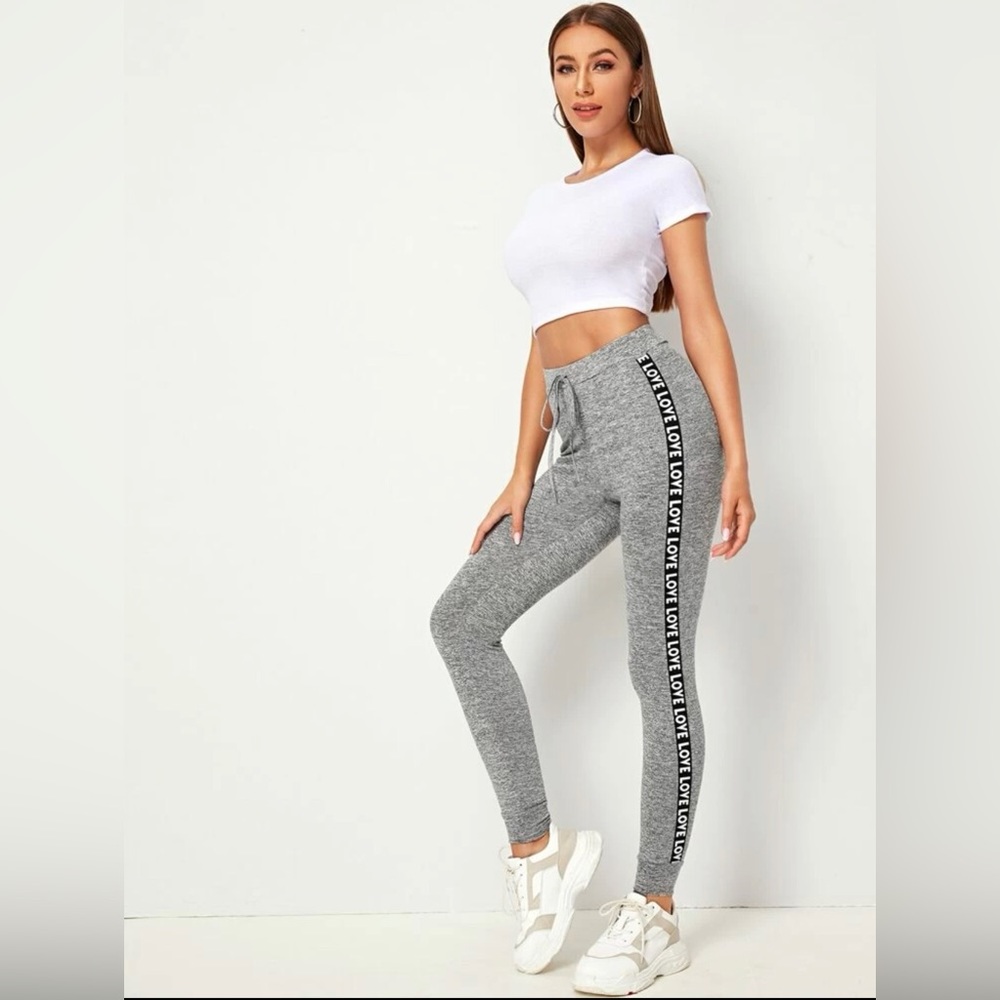 SHEIN Tie Waist Letter Tape Side Marled Leggings